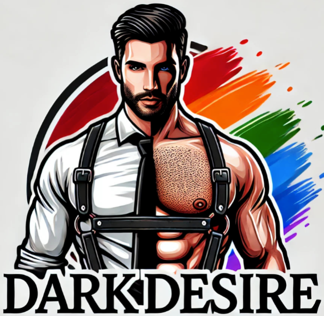 Llustration of a Man in Half Formal Half Muscular Attire with a Rainbow Background and Darkdesire Text